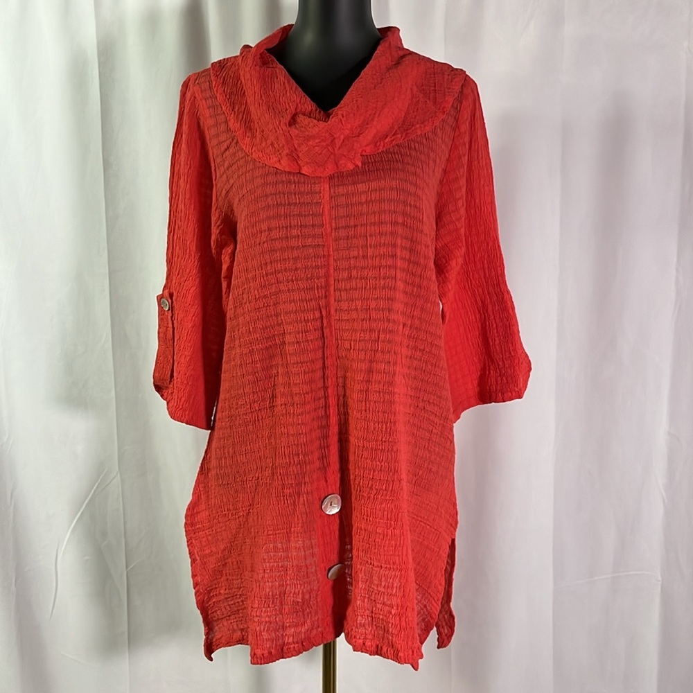 Soft Surroundings Coral Orange Gauzy 3/4 Sleeve Cowl Neck Tunic Top